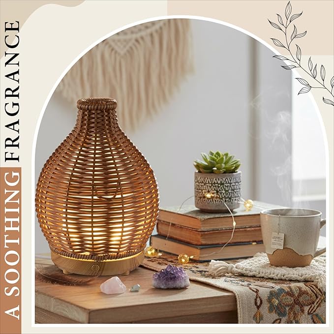 Copkim Essential Oil Diffuser Rattan Woven Boho Aroma Humidifier 80ml Ultrasonic Aromatherapy Diffuser with Timer and Waterless Auto-Off 2 Mist Modes Noiseless Warm Light for Home Office Bedroom Copkim
