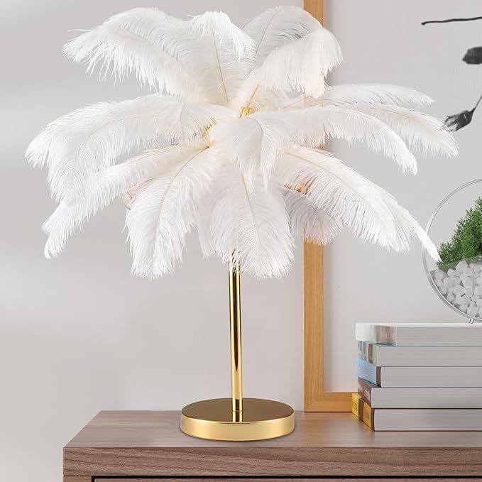 MAYOLA Modern Ostrich Feather Table Lamp with Plug in Wire,3-Light Bedside Floor Lamp for Living Room, Bedroom and Office 24” Tall Feather Desk Lamp (White, Table Lamp-Metal) - Bloomnest