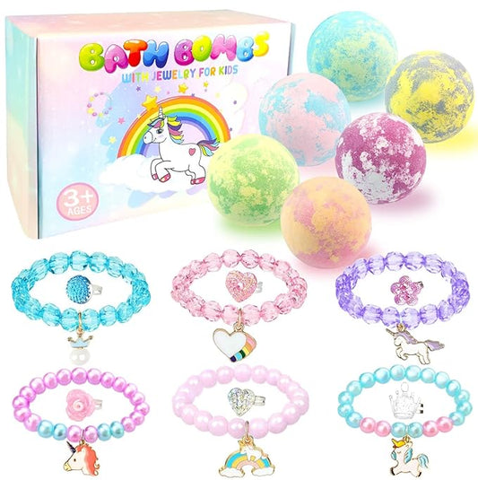Bath Bombs for Kids Girls with Surprise Inside 6 Large Organic Bubble Kids Bath Bombs with Jewelry Toys Inside Safe & Natural Bathbombs Birthday Christmas Easter Surprise Princess Gifts Set for Girls - Bloomnest