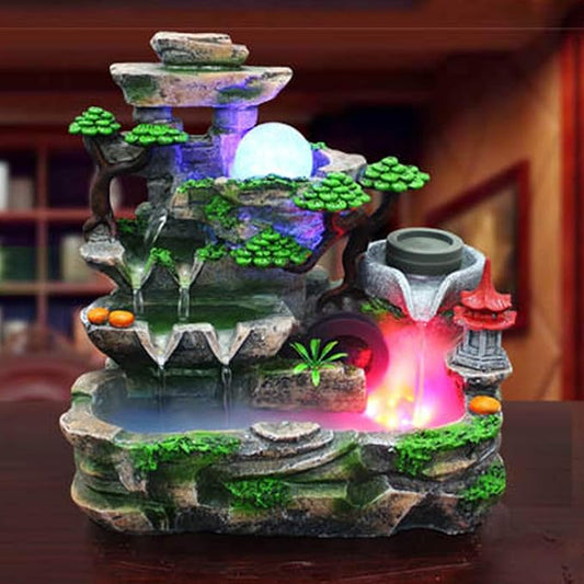 Rockery Water Fountain Desktop, Resin Tabletop Waterfall Fountain Indoor Rotating Water Ornaments Fountain Water Pump with LED Light for Office Home and Bedroom Desktop Decor(US 110V)