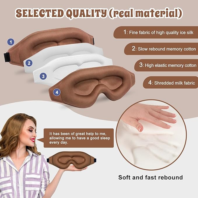 3D Advanced Eye Mask for Sleeping，Ultra Delicate Soft Skin Friendly Eye mask，100% Blackout Sleep Eye Mask for Sleep, Eyelash Extension Sleep mask (Coffee Color) - Bloomnest