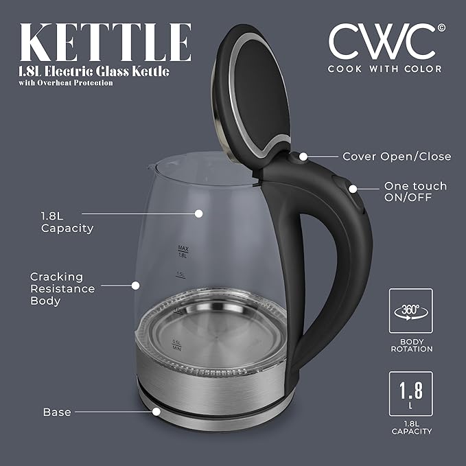 COOK WITH COLOR Electric Tea Kettle, 1.8L Cordless Hot Water Boiler, 1200W Rapid Boil, Auto Shutoff & Boil Dry Protection, BPA-Free, Sleek Countertop Design, Black - Bloomnest