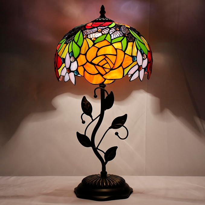 Tiffany Lamp Table Lamp Stained Glass Desk Lamps 10X10X19 Inches Reading Light Decor Bedroom Living Room (Red Rose Style) - Bloomnest