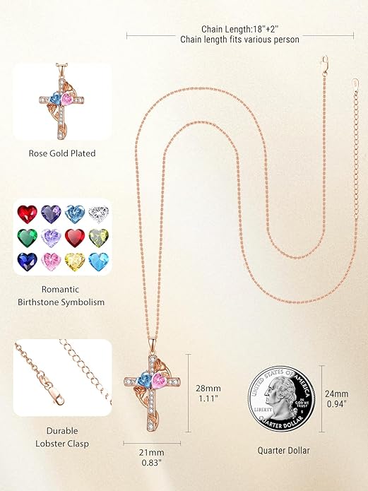 Rose Gold Dual Birthstones Cross Necklace for Women Rose Flower Jewelry Anniversary Christmas Mother's Valentine's Day Birthday Gift for Wife Girlfriend Mom - Bloomnest