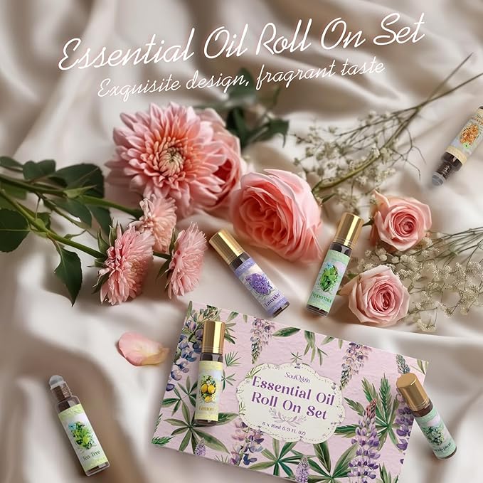 Essential Oil Roll On Set, Natural Aromatherapy Oils with Portable Roller Ball for Skin Care- Tea Tree, Frankincense & Myrrh, Lavender, Peppermint, Eucalyptus, Lemon - Gifts for Women & Men - Bloomnest