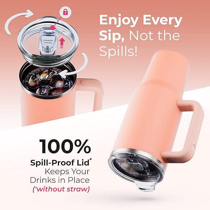 40 oz Tumbler With Handle and Straw Made of Stainless Steel - Double Wall Vacuum Insulated Tumbler With Lid - Sweat Proof Easy Grip, BPA-Free, Dishwasher Safe Tumbler (Peach) - Bloomnest