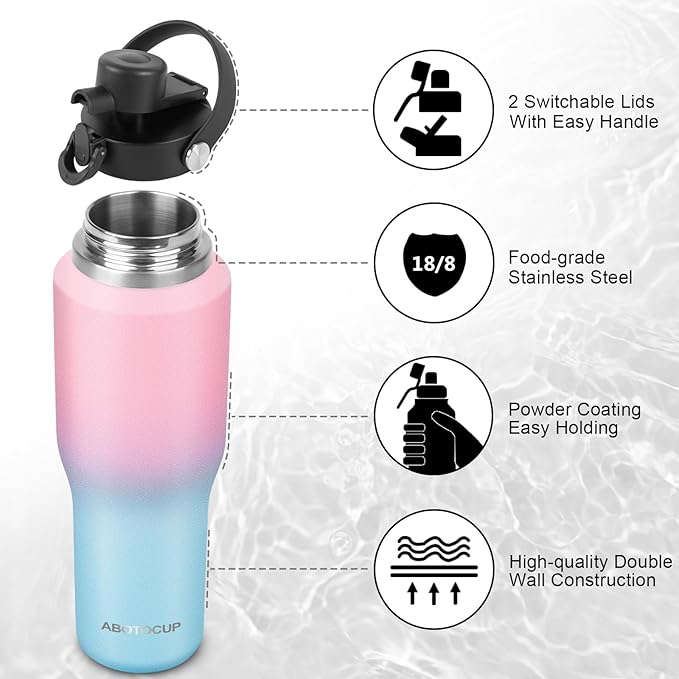 32oz Water Bottle with Powder Coated, Fit in Any Car Cup Holder, Water Bottle with Straw Lids, Stainless Steel Insulated Water Flask Double Wall Leak-proof BPA Free to Keep Cold&Hot - Bloomnest