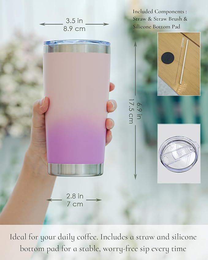 Travel Coffee Tumbler 20oz, 1 Pack Leakproof Travel Coffee Mug with Lid and Straw, Stainless Steel Double Wall Vacuum Insulated Tumbler for Hot/Iced Drinks (Textured Matte, Pink/Lilac Pink) - Bloomnest