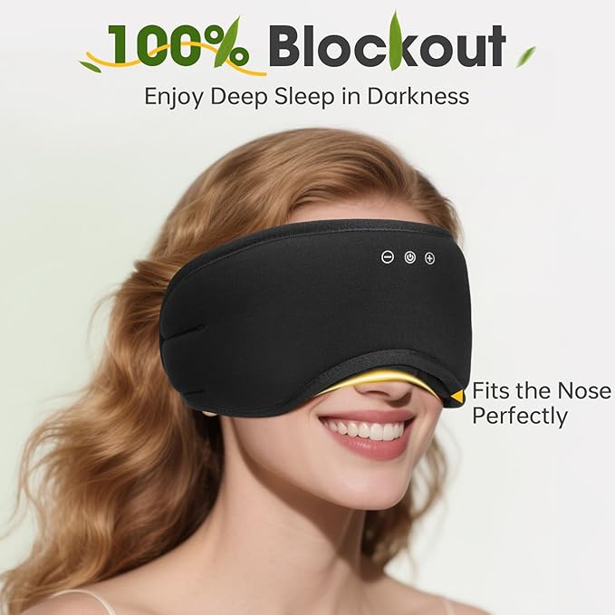 Sleep Headphones with Bluetooth 5.4 Sleep Mask, Bamboo Cotton Music Wireless Bluetooth Eye Mask for Sleeping, Earphones HD Speaker Microphone for Travel, Gifts for Men Women, Black - Bloomnest
