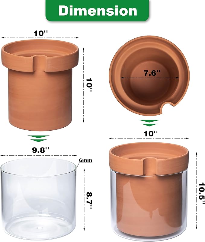 Phoenix Vine 10 Inch Self Watering Planter Pot, Terracotta Clay Pot with Glass Reservoir for Indoor Plants, Herbs, Flowers, Set of 1, 52-A-I-1 - Bloomnest
