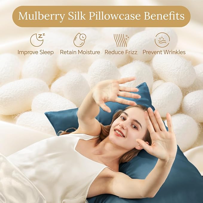 INFIIXSO Mulberry Silk Pillowcase for Hair and Skin, Silk Pillow Cases Queen Size Set of 2 with Hidden Zipper 20"x30", Ultra Smooth and Soft Cooling Pillow Cases for Hot Sleepers(Bluesteel, 2 Pack) - Bloomnest