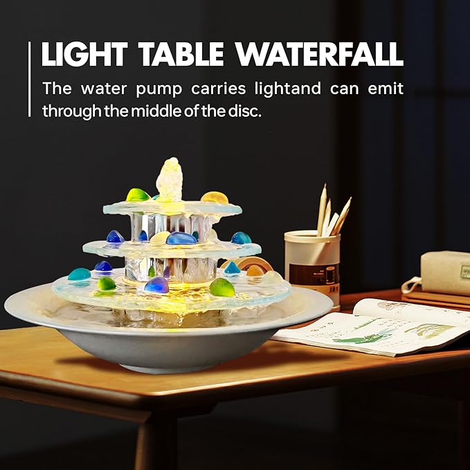 Indoor Tabletop Fountain 3-Tier Waterfall, Zen Meditation Fountains with LED Light, Home Desktop Soothing Sound Meditation Relaxing Water Feature for Office Room Table Decoration