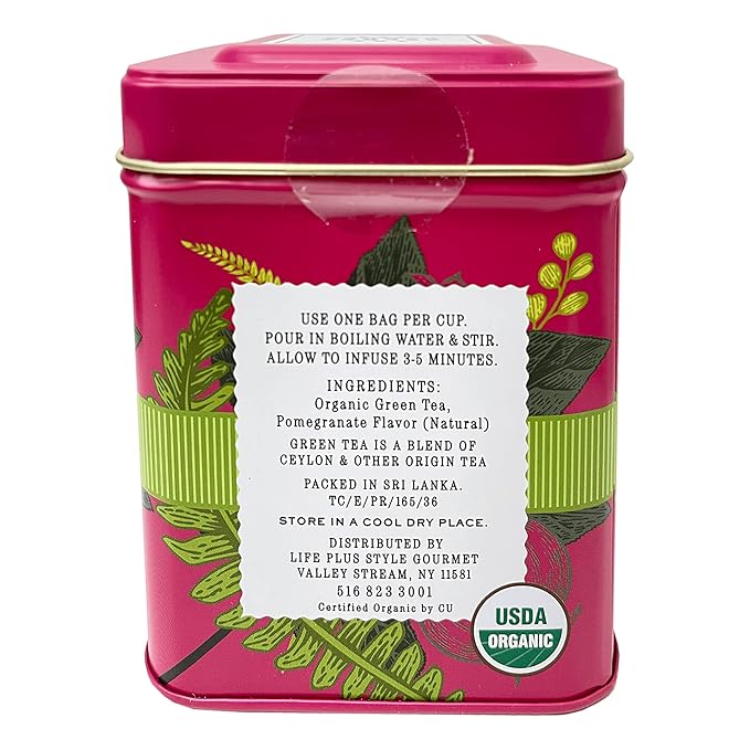 Organic Pomegranate Ceylon Green Tea - 50 Packets - Natural Antioxidant Rich Herbal Leaf Teabags - USDA Certified 100% Non-GMO - Caffeinated Designer Gift Tin - Bloomnest