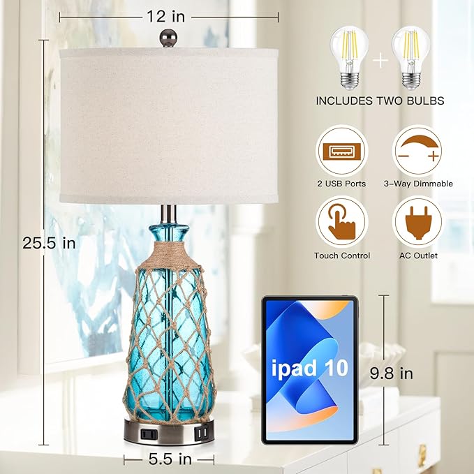 25.5" Coastal Glass Table Lamps Set of 2, 3-Way Dimmable Touch Control Bedside Lamps with 2 USB Ports and AC Outlet, Blue Nautical Nightstand Lamps for Bedroom Living Room (LED Bulbs Included) - Bloomnest