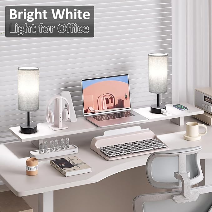 Fenmzee Grey Bedside Table Lamps Set of 2-3 Color Temperatures Pull Chain Lamp with AC Outlet Charging Port, Round Night Stand Lamps for Bedroom Office, Small Bed Side Light with E26 LED Bulbs - Bloomnest