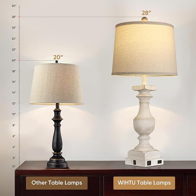 28'' Washed White Table Lamp for Bedroom Nightstand, Vintage Bedside Lamp with USB A+C Port, Farmhouse Desk Lamp with Linen Shade Set of 2, Traditional Nightstand Lamp, Rocker Switch,Bulb Included - Bloomnest
