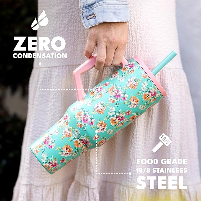 Elemental 40 oz Tumbler with Handle and Straw - Spill Proof Insulated Stainless Steel Commuter for Hot and Cold Beverages - Travel Coffee Mug with 2 Straws & Spill Proof Lid - 40oz - Vintage Flower - Bloomnest