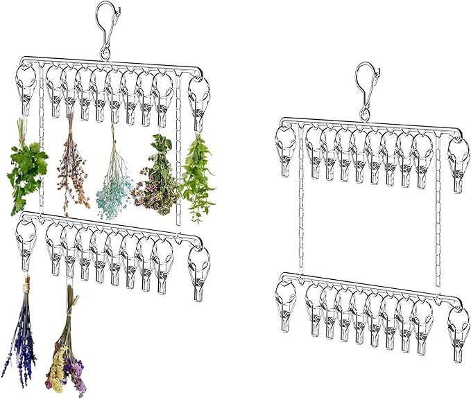 2 Pack Herb Drying Rack, Stainless Steel Herb Drying Rack Hanging with 20 Hooks, 2 Tiers Dryer Rack for Herb Macrame Flower - Bloomnest