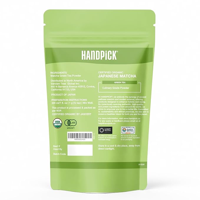 HANDPICK Japanese Organic Matcha Green Tea Powder (100 Servings) - Authentic Premium Second Flush Harvest | Resealable Ziplock Pouch - Bloomnest