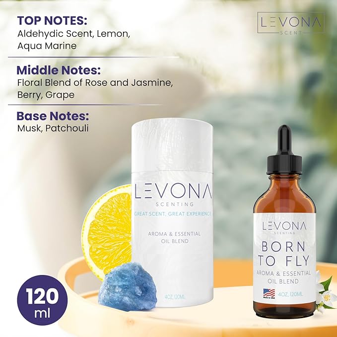Levona Scent Essential Oils - Scents for Home, Hotel & Office Use - Perfect for Home Diffuser & Humidifiers - Aroma Fragrance Oil, Ideal for Massage, Relaxation, and Spa - Born to Fly, 120ml LEVONASCENT