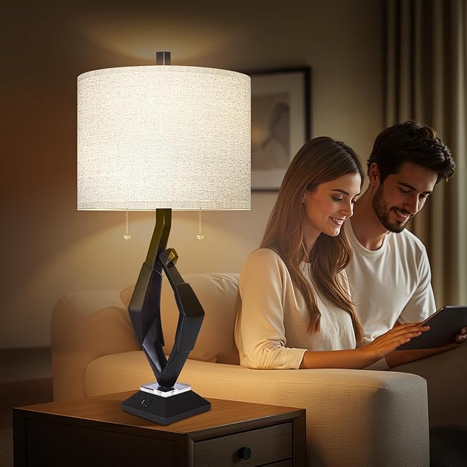Scenekoy Sculptural Resin Table Lamp Set of 2 with USB Ports for Bedroom Living Room, 26” Black-Brown Dual Pull Chains Bedside Lamps, Nightstand Lamp for Home Room Decor (Bulbs Included) - Bloomnest