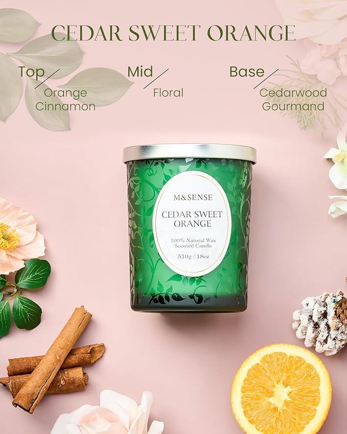 M&SENSE Cedarwood Orange Christmas Candle, Cracking Wooden Wick Soy Wax, 18oz 100 Hours Long Lasting Clean Burn, Large Fall Candles for Home Scented, Winter Holiday Aromatherapy Gifts for Women - Bloomnest