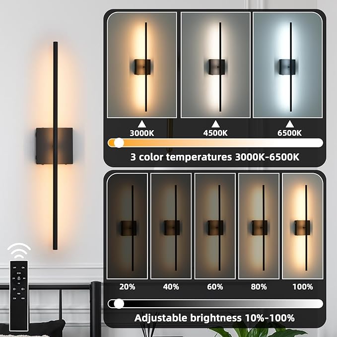 Battery Operated Wall Sconces set of 2, 16000mAh Black Rechargeable Wall Sconce with Remote Control, 3000K-6000K Dimmable LED Wireless Wall Light for Living Room, Hallway, Bedroom, Stairs, 29 Inchs - Bloomnest
