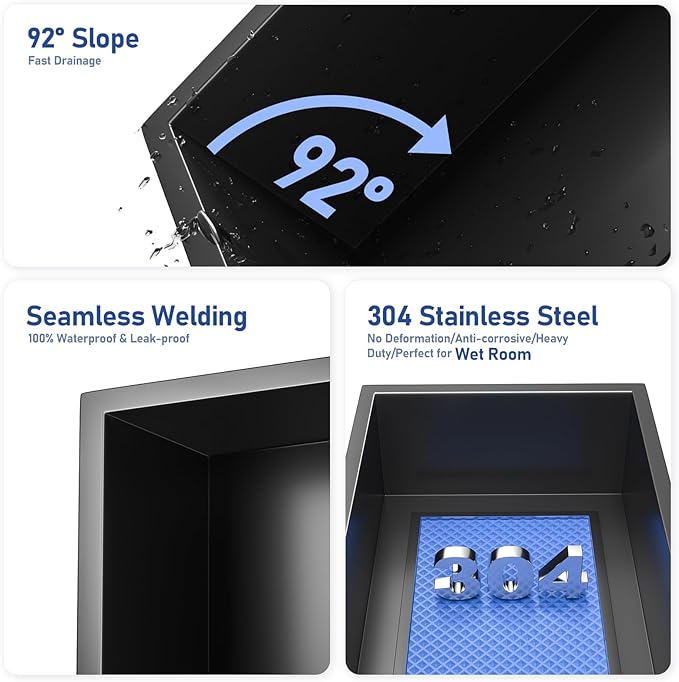 Stainless Steel Shower Niche 12" X 12" Matte Black No Tile Needed Niche Shower Recessed Wall Niches for Bathroom Storage Over Mount Installation - Bloomnest