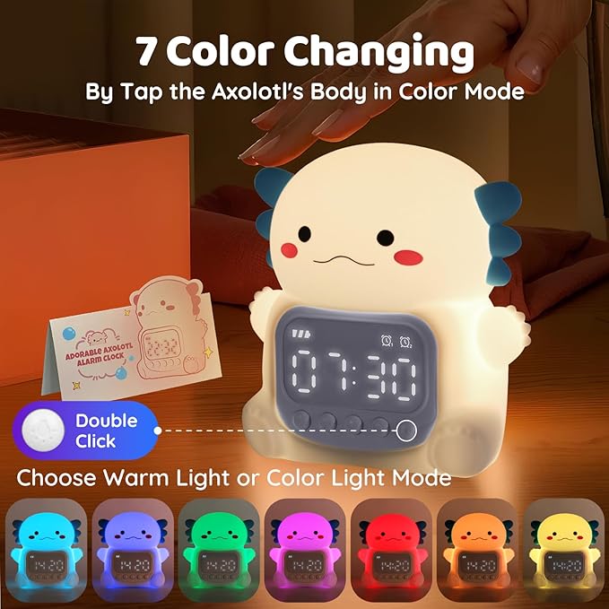Axolotl Alarm Clock with Night Light for Kids, Rechargeable Silicone Lamp Time to Wake Clock Cute Animal Tabletop Lamp, Perfect Sleep Companion for Boys Girls, White - Bloomnest