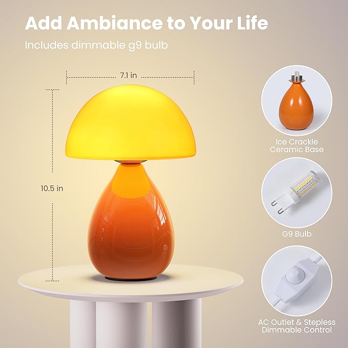 Mushroom Lamp Table Lamp, Mini Modern Lamp Bedside Nightstand Light Desk Cute Small Light Dimmable for Bedroom, Living Room, Ceramic Base Glass Led Home Decor for Woman Children Gifts - Bloomnest