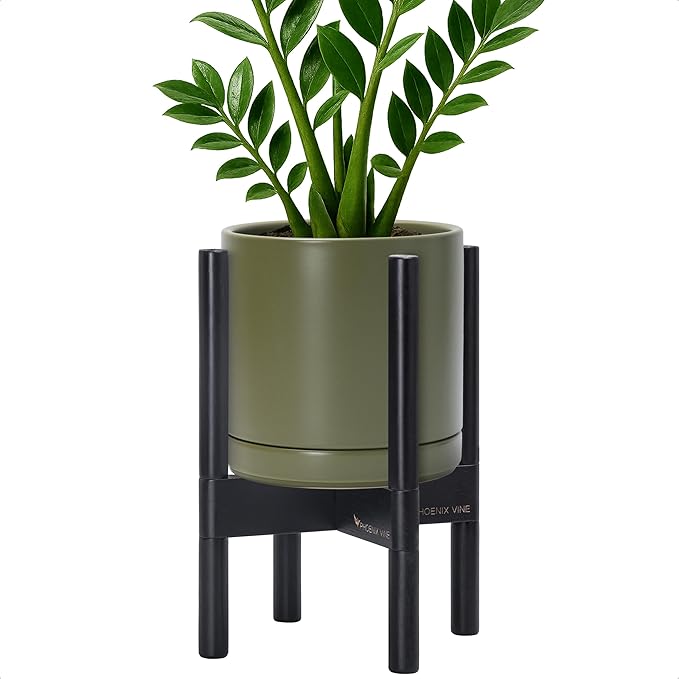 D'vine Dev Ceramic Planter with Ebony Stand - 8 Inch Modern Round Flower Pot with Wood Planter Holder, Olive, 55-B-M-J - Bloomnest