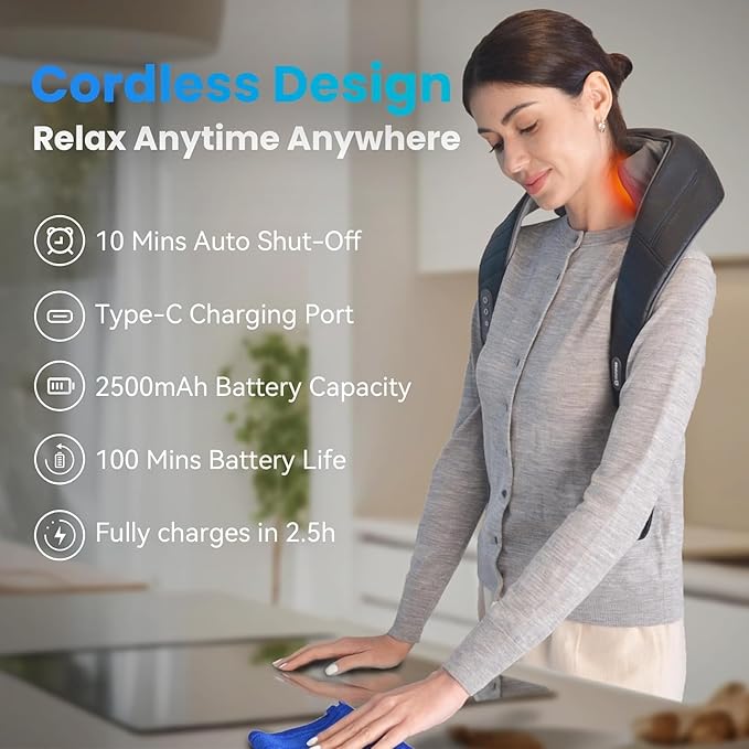 COMFIER Cordless Neck Massager with Heat, 4D Kneading Neck and Shoulder Massager Deep Tissue, Shiatsu Neck Back Massager Pillow, 2 Heating Levels,Gifts for Mom Dad - Bloomnest
