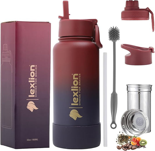 Lexlion Tea Infuser Water Bottle 32 Oz – Triple Wall Insulated Stainless Steel, Loose Leaf & Fruit Strainer, 3 Leakproof Lids, BPA-Free Silicone Sleeve, Reusable Thermal Mug - Bloomnest