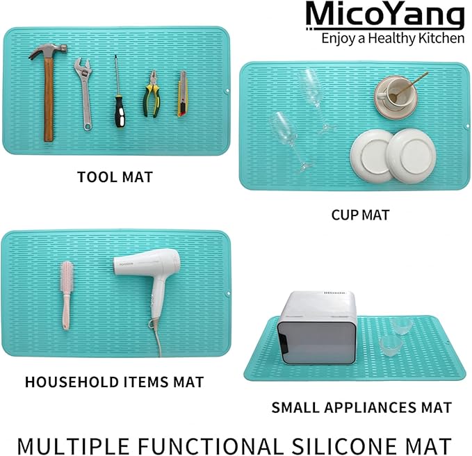 Silicone Dish Drying Mat for Multiple Usage,Easy clean,Eco-friendly,Heat-resistant Silicone Mat for Kitchen Counter or Sink,Refrigerator or Drawer Liner Mint 4XL 32 inches x 18 inches - Bloomnest