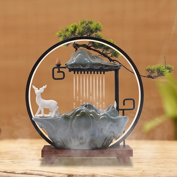 Tabletop Water Fountain, Indoor Waterfall with Round LED Light & Ceramic Elks, Mist Maker and Incense Holder for Home Office Decor - Bloomnest