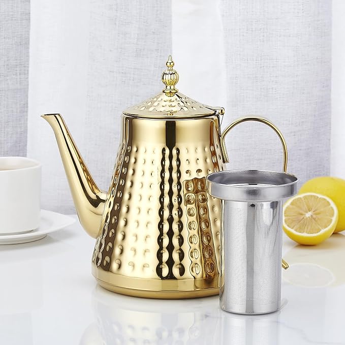 SANQIAHOME 1.6L(54oz) Stainless Steel Hammer Patterned Teapot With Removeable Infuser,Loose leaf cover,Gold - Bloomnest