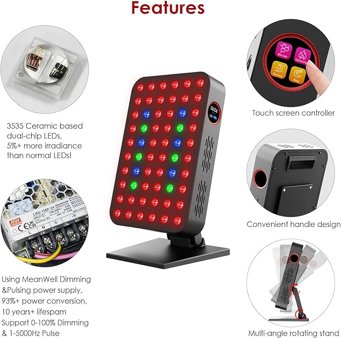 Red Light Therapy Panel 300W 60pcs Dual-Chip 4 Bands LED Light Therapy Red Infrared Blue Green 660nm 850nm 455nm 528nm, High Irradiance, Touch Screen Controller, Ideal for Body, Face, Skincare, Sleep bioredrlt