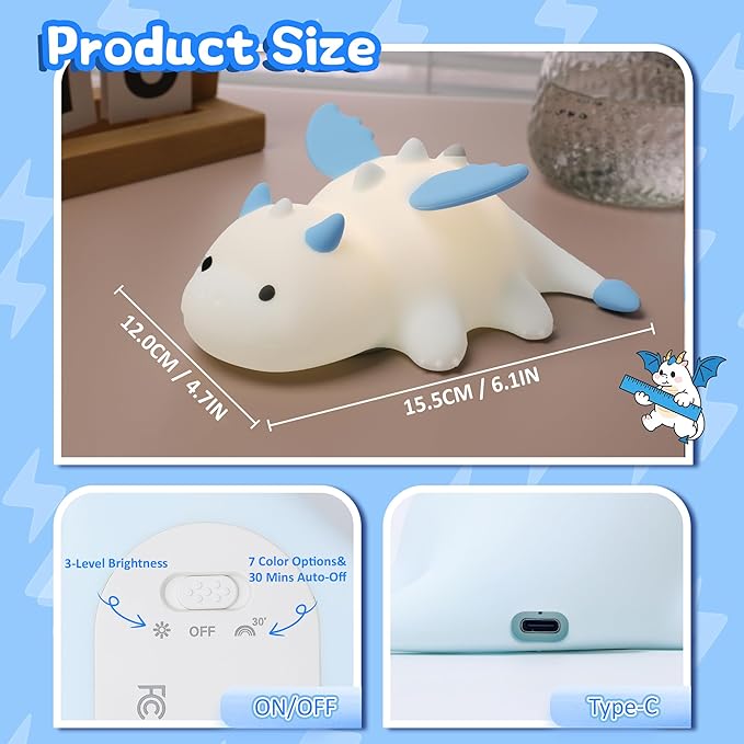 Attivolife Dragon Night Light for Kids, Cute Soft Silicone Touch Lamp with 8 Color & Dimmable & Timer, Portable Nursery Bedroom Bedside Decor LED Light, Birthday Xmas Gifts for Baby Toddler Boy Girl - Bloomnest
