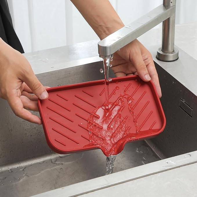 Silicone Bathroom Soap Dishes with Drain Spout-Bathroom and Kitchen Sink Organizer,Sponge Holder,Dish Soap Tray,Perfect for Dispenser,Scrubber,Bottle,Cup on Sink or Counter-Red 9.6"×5.3" - Bloomnest
