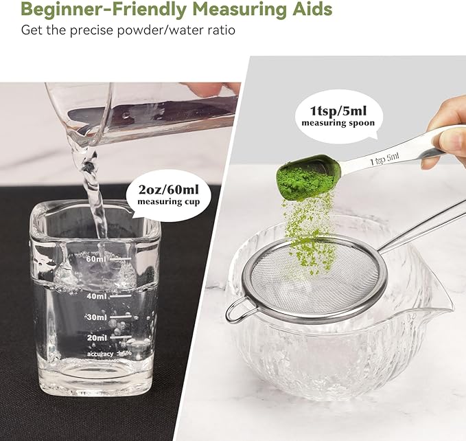 10-Pcs Matcha Whisk Set Kit, Whisk and Bowl with Spout & Measuring Spoon & Cup, Japanese Matcha Tea Making Tools, Transparent Textured Glass - Bloomnest