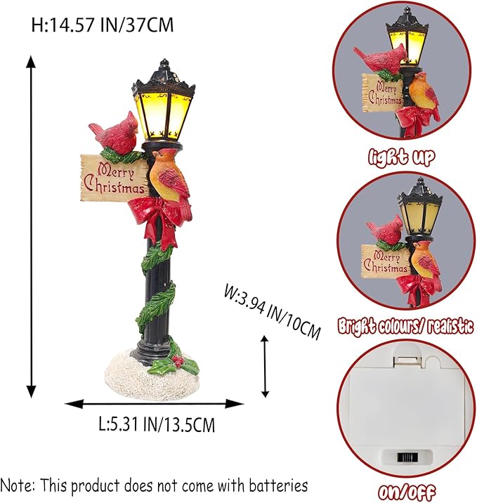 Red Cardinals on Christmas Lamp Post - Battery Powered LED Lighted Bird Sculpture - Holiday Home Decor Gift - Bloomnest