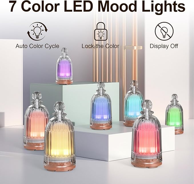 120ml Glass Essential Oil Diffuser, Ultrasonic Aroma Diffuser Glass Cover & Plastic Reservoir with Auto Shut-Off 7 Colors LED Lights for Home Office Bedroom(Bronze Base) DOUDING