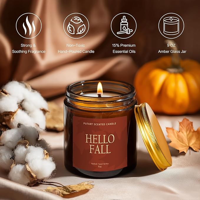 Pumpkin Spice Fall Candles for Home Scented, Natural Soy Wax Aromatherapy Non Toxic Pumpkin Candle with Long Lasting Burn, Halloween Autumn Candle Gifts for House Fragrance Decoration (9oz) - Bloomnest