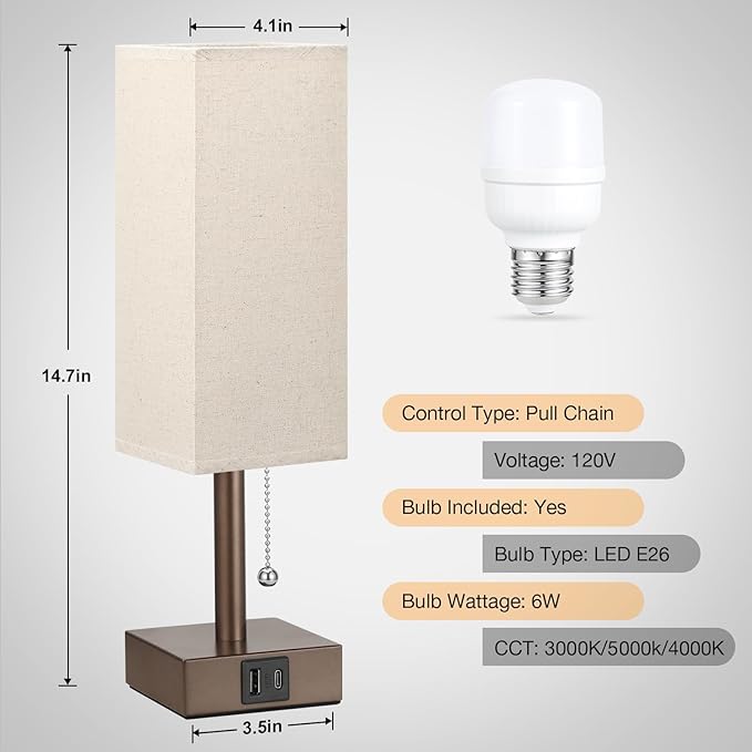 aooshine Beige Small Table Lamp for Bedroom - 3 Color Temperature 3000K 5000K 4000K Bedside Lamp, Pull Chain Control, USB A and C Ports, Brown Base, Bulb Included - Bloomnest