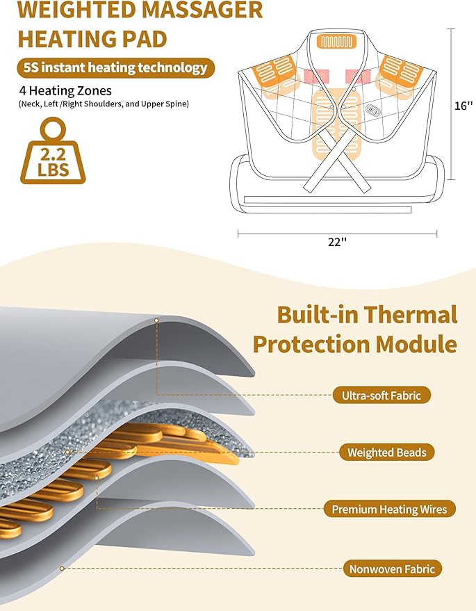 Vofuoti Heating Pad for Neck and Shoulders, Portable Cordless Heating Pad with Massager and Battery, Weighted Electric Heated Neck Shoulder Wrap, 16'' x 22'', 2.2lbs - Bloomnest