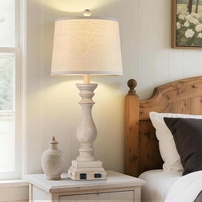 28" Farmhouse Table Lamps Set of 2 with USB C+A Ports and AC Outlet, 3 Way Touch Tall Vintage Bedside Lamp for Living Room, Beige Rustic Nightstand Lamp for Bedroom Office - Bloomnest