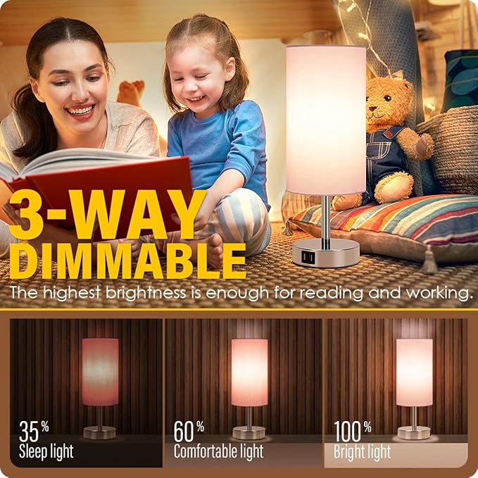 Yarra-Decor Bedside Lamp with USB Port - Touch Control Table Lamp for Bedroom 3 Way Dimmable Nightstand Lamp with Round Pink Fabric Shade for Living Room, Dorm, Home Office (LED Bulb Included) - Bloomnest