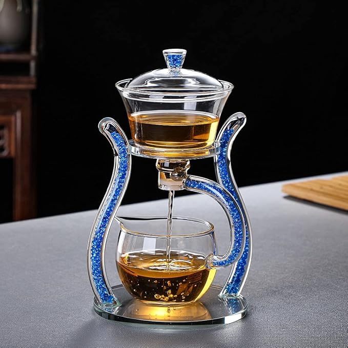 RORA Lazy Kungfu Glass Tea Set Semi Automatic Drip Rotating with Infuser Glass Teapot Set (6 cups) - Bloomnest
