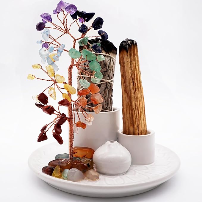 5 in 1 Incense Burner Holder with Crystal Healing Tree, Palo Santo Holder, Sage Holder, Incense Holder for Sticks/Cones/Candles, Ceramic Tray Ash Catcher for Burning Incense, Meditation Gift (White) - Bloomnest