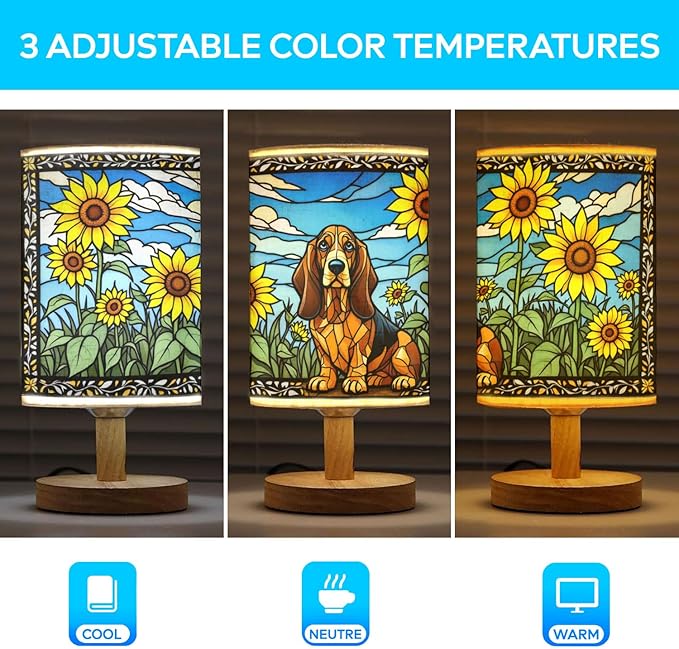 Basset Hound Table Lamp LED 3-Color Pressed Bedside, Dog Shade Lamp with Wood Base for Bedroom Living Room Desk Office - Bloomnest